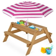 Best Choice Products Kids 3-in-1 Outdoor Convertible Activity Sand & Water Picnic Table w/ Umbrella - Natural/Dark Pink