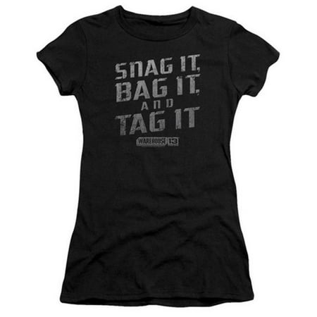 Juniors Black Short - Trevco Warehouse 13-Snag It Short Sleeve Junior Sheer Tee, Black - XL