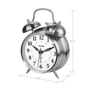 SHARP Twin Bell Quartz Analog Alarm Clock, Silver Brushed Metal, Loud Alarm, Battery Operated