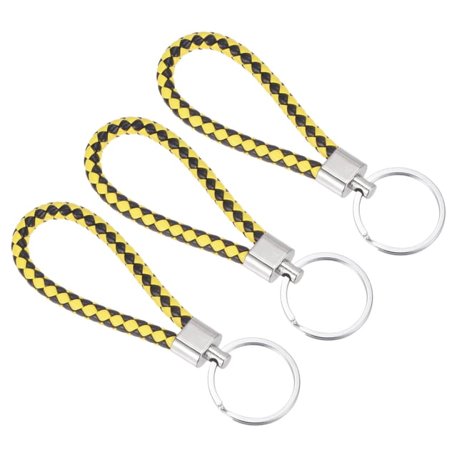 Unique Bargains Keyring Woven Lanyard Straps Braided Leather Keychain, Black Yellow 3 Pack