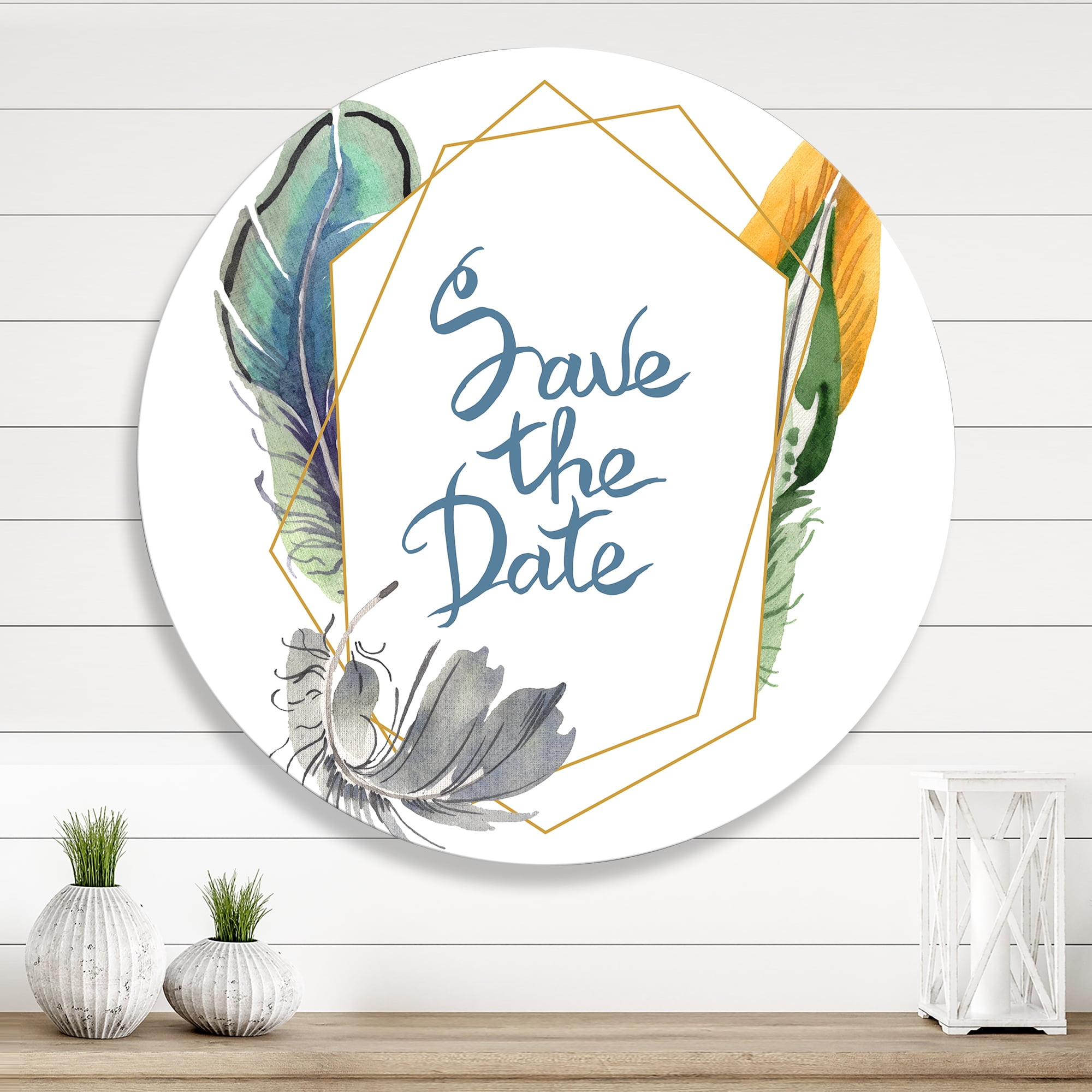 Designart 'Save The Date Bird Blue Feather' Bohemian & Eclectic Circle Metal Wall Art 23x23 - Disc of 23