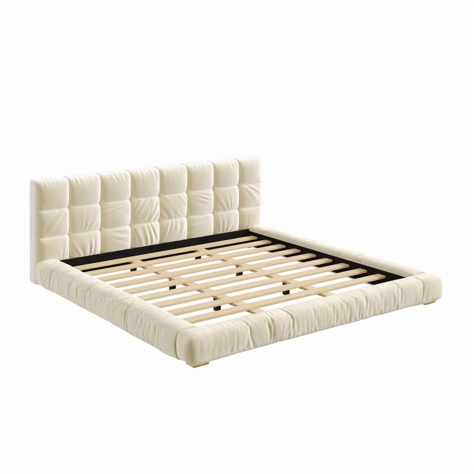 Velvet Queen/King Size Platform Bed Frame, Upholstered Floor Bed, Fully Wrapped Grounded Bed with Channel Tufted Headboard