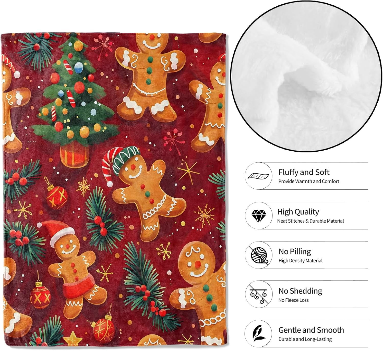 Playful Gingerbread Red Throw Blanket 60x80in, Soft Lightweight Flannel, Food Lantern Hat Pine Branch Candy Blankets - Gifts for Adult, for Couch Office Travel Home Living Room Christmas Decor