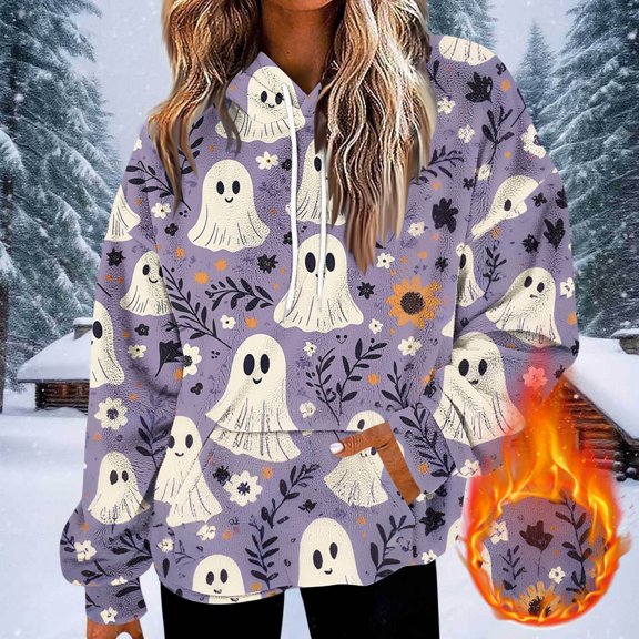 ersvoioy Halloween Hoodies for Women Long Sleeve Drawstring Cute Print Oversized Soft Fleece Hooded Sweatshirts Fall Winter Parties Clothes