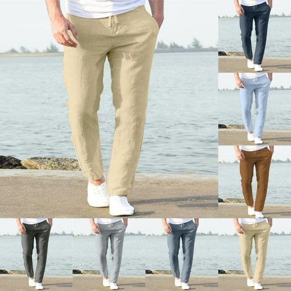 RYDCOT Men's Linen Casual Pants Loose Straight Elastic Waist Drawstring Trousers Lightweight Beach Vacation Pants with Pocket Sky Blue