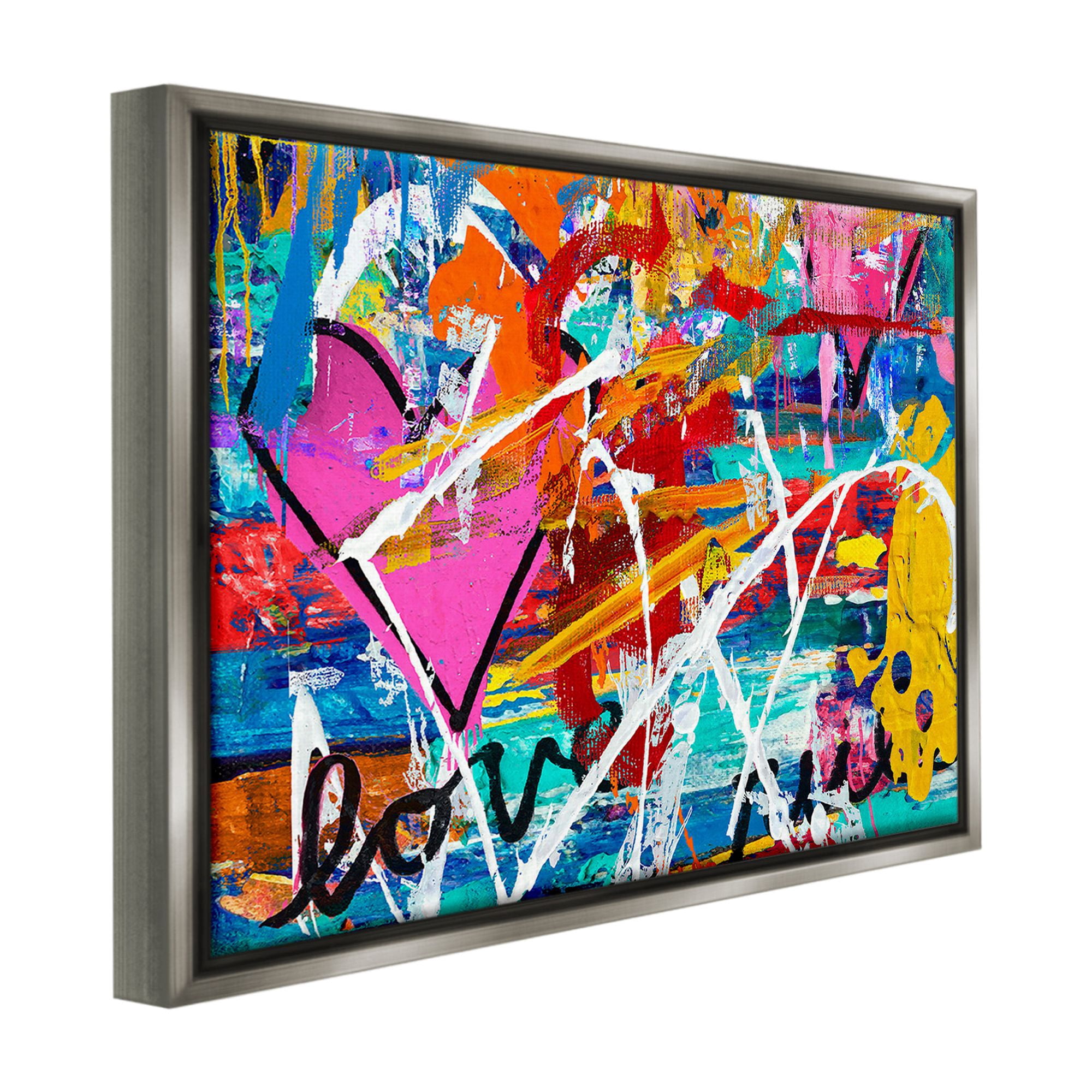 Stupell Industries Urban Heart Graffiti Collage Abstract Painting Gray Floater Framed Canvas Art Print Wall Art, 21 x 17