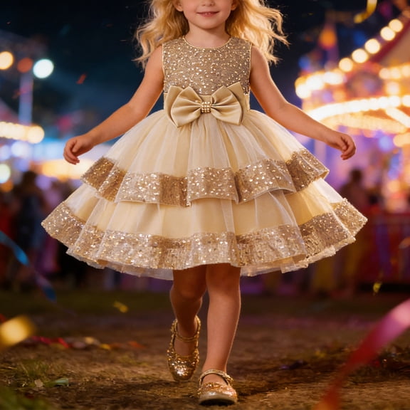 Kids Flower Girl Dress Beige Sleeveless Princess Girls Party Dress Primary School Graduation 4T