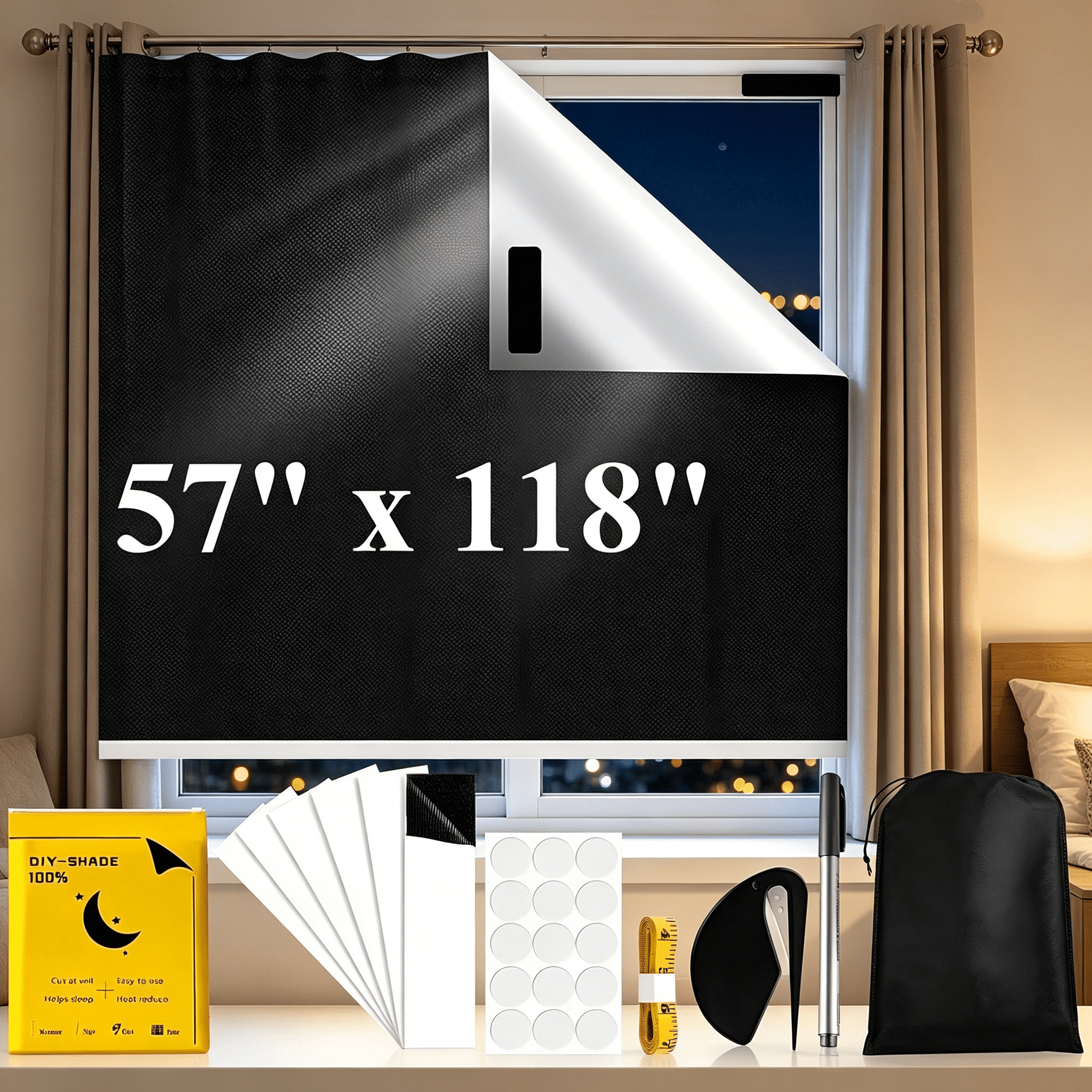 XIBUFE 2026 New Blackout Blinds for Bedroom,118" X 57" Portable Blackout Shades No Drill Window Blinds Cut to Size,Travel Blackout Curtains Window Cover Film for Nursery,Bedroom,Dorm Room,Rv,Black