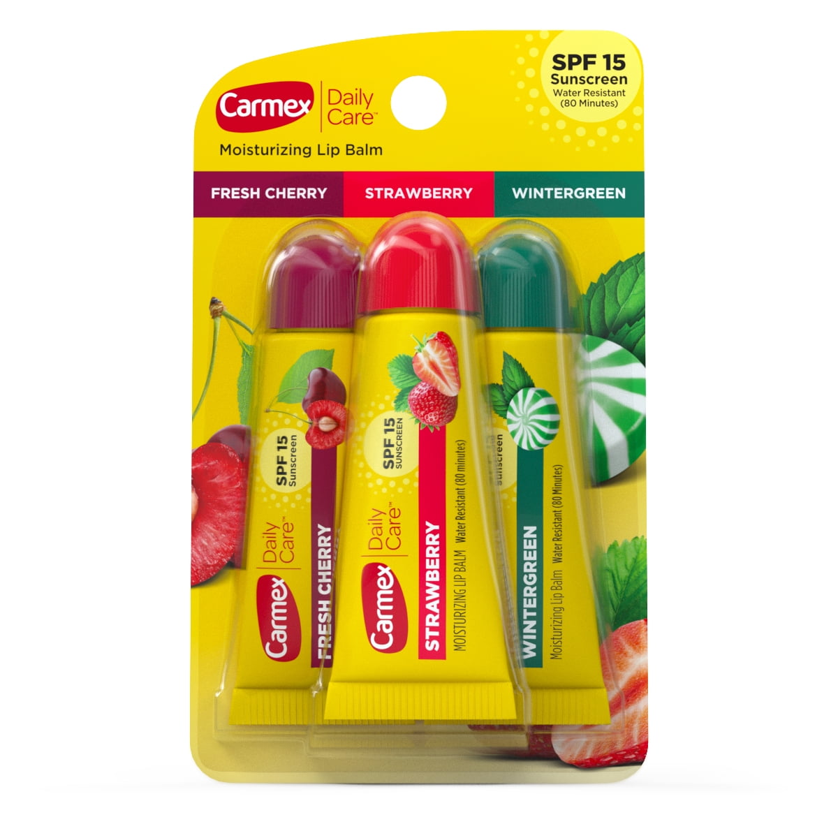 (Variety 3 Pack) Carmex Daily Care Moisturizing Lip Balm Tubes, Fresh Cherry, Strawberry, and