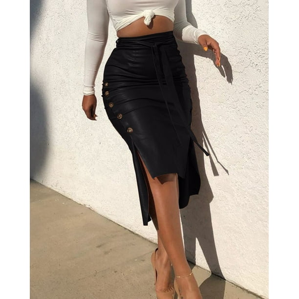Ladies faux leather mid-length skirt high waist button pencil skirt (with  belt)