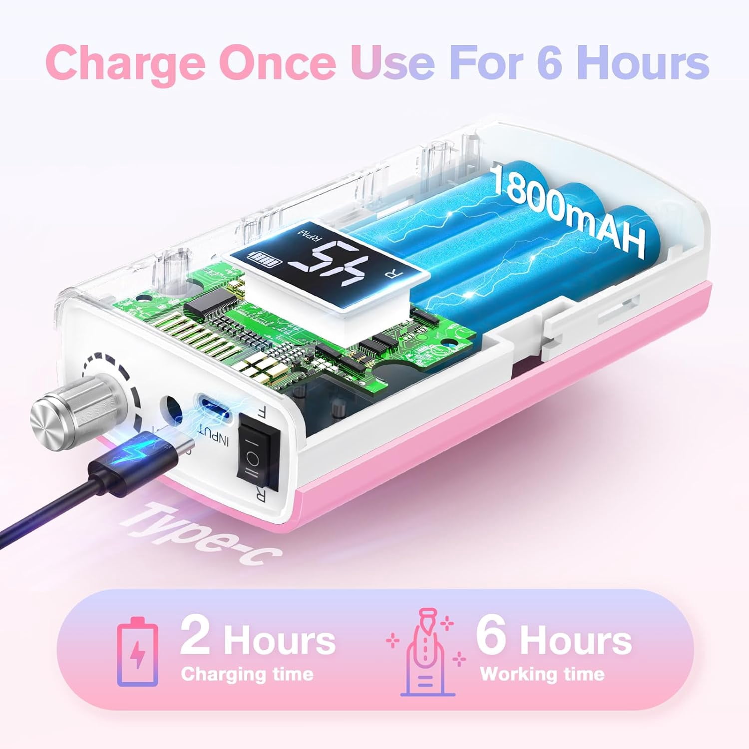Cordless nail drill 45000RPM portable electric nail file with 11 acrylic and impregnated nail drills with monitor electric nail machine (pink)