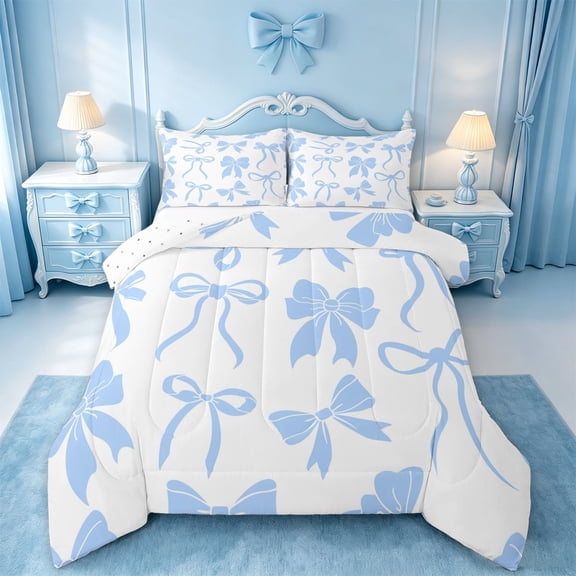 meiyoeat Blue Lovely Bow Full Size Comforter Sets For Girls,Dreamy Princess Bowknot Bedding Comforter Set For Kids,Reversible,3-Piece