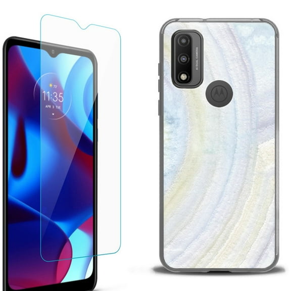 Slim-Fit Protective Phone Case (Black) compatible with Motorola Moto G Pure 5G, with Tempered Glass Screen Protector, by OneToughShield ® - Marble / Rainbow