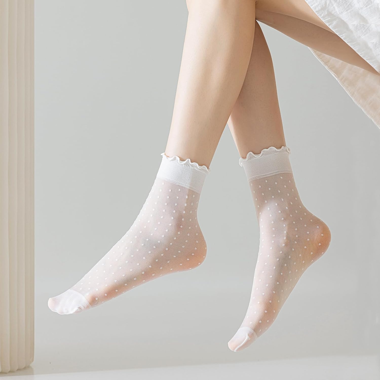 Zhengup 12 Pairs Women's Sheer Ruffle Socks Nude Stocking Summer Ultra Thin Cool See Through Silk Ankle Socks for Women