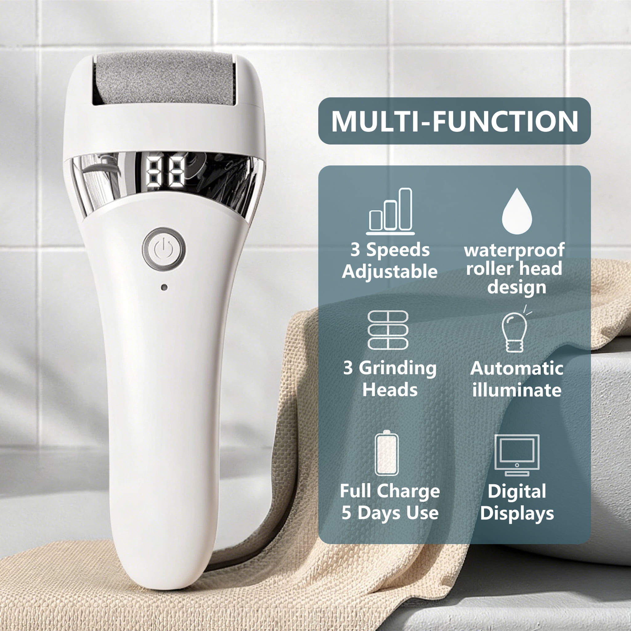 Electric Foot File USB Rechargeable Pedicure Tool for Adults, Portable Foot Grooming Device, White