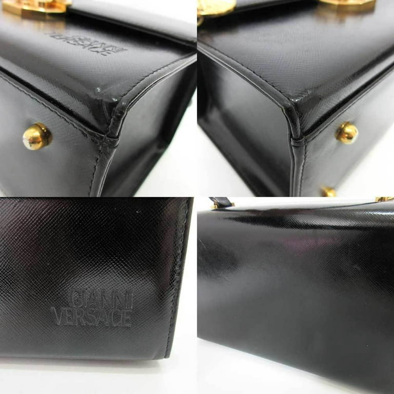 Authenticated Used Gianni Versace Bag Vanity Black Gold Hardware Handbag  Sunburst Box Square Ladies Coated Leather GIANNIVERSACE 