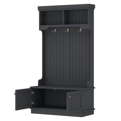 4-in-1 Wood Hall Tree with Storage Shoe Bench and Cabinet, Coat Rack with Metal Double Hooks and Display Shelves, Black
