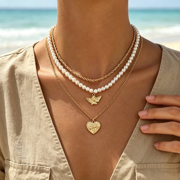 Faty-T 14K Gold Plated 3 Layer Design Imitation Pearl Choker Angel Charm Engraved Heart Pendant Necklace Retro Elegant Clavicle Jewelry for Daily Office Beach Vacation Wear