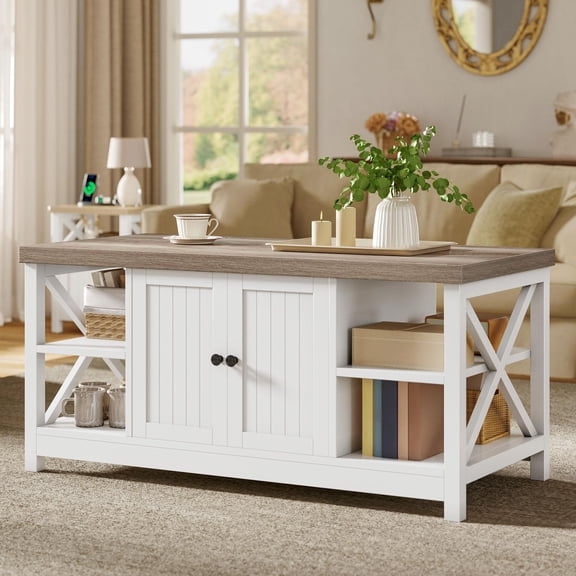 Brown & White Farmhouse Coffee Table with X-Leg Base and Storage
