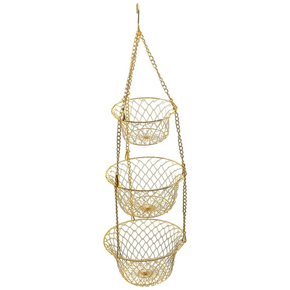 yotijay 3-Tier Hanging Basket Kitchen Heavy Duty Wire Fruit Organizer with Metal Ceiling Golden