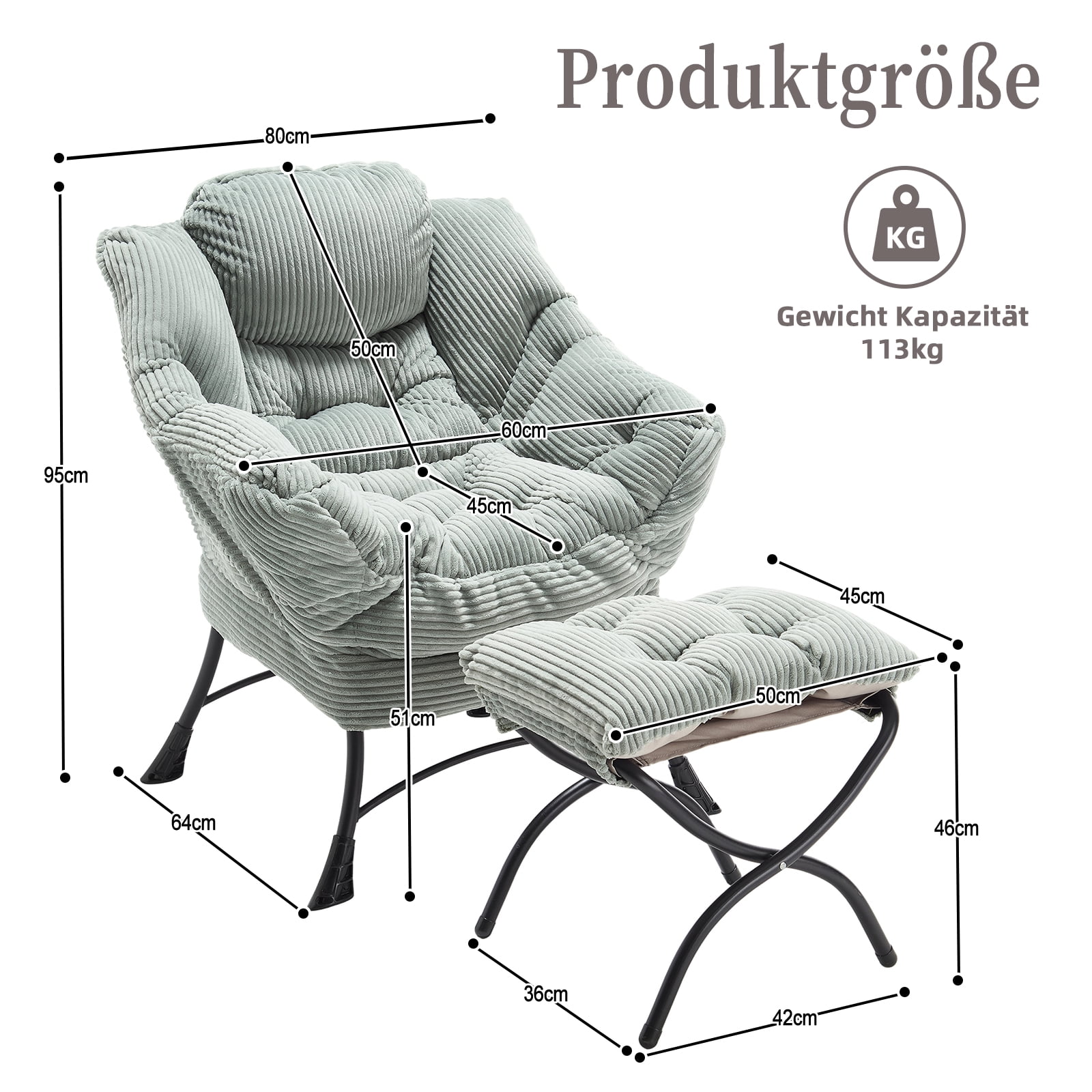 MOONMISS Accent Chair with Ottoman,with Armrests and Side Pockets、 Footrest for Living Room,Light Green