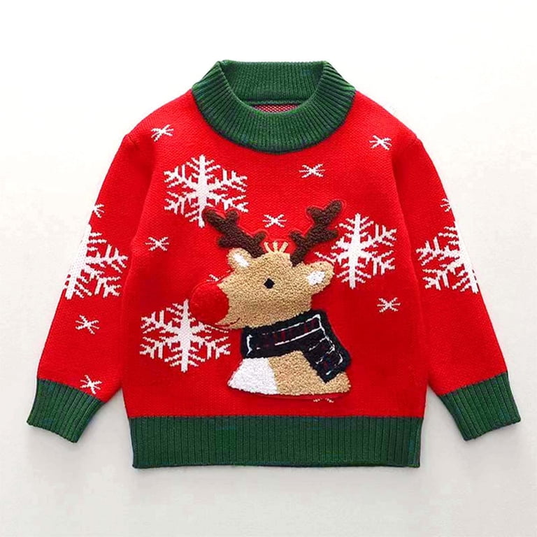 Popshion Boys' Christmas Deer Sweatshirt - Long Sleeve Pullover Cartoon Tee For Toddlers (Size 4T, Red)