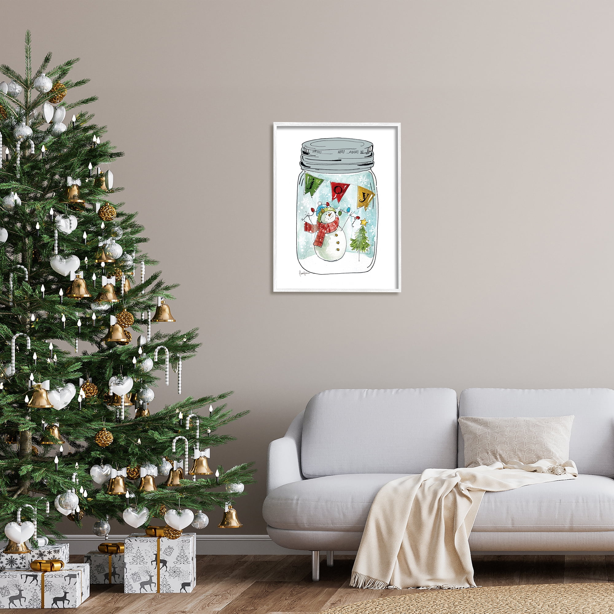 Stupell Industries Joy Text Snowman Christmas Tree Lights Country Jar, 24 x 30, Design by Livi Finn