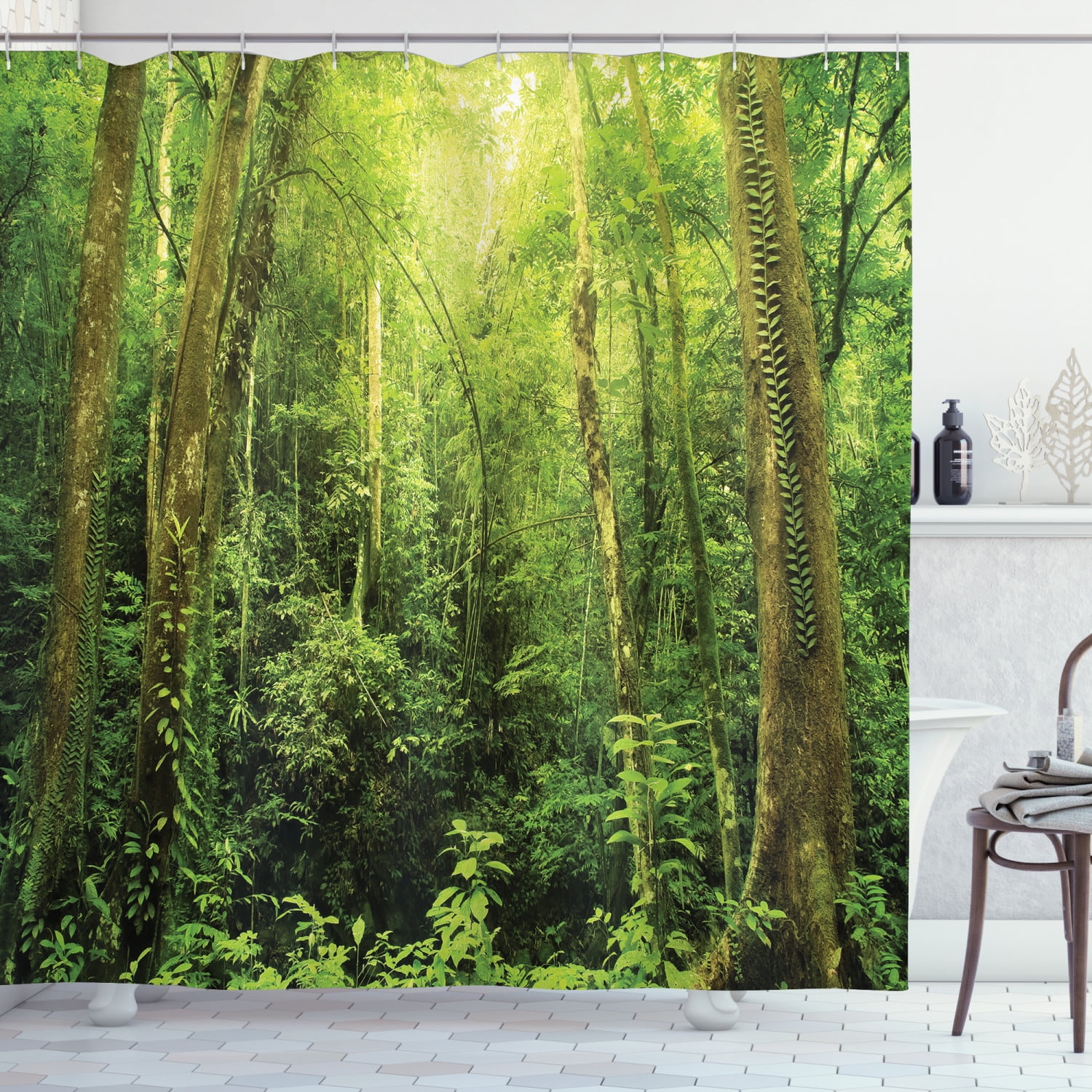 Waterproof Shower Curtain Tree Green Print Scenery Bathroom Decor With Hooks 