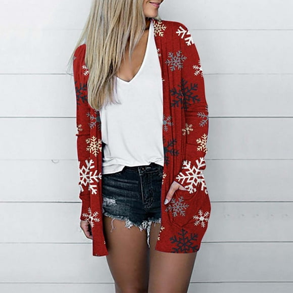 Meichang Cute Christmas Sweater for Women Funny Christmas Printed Open Front Jacket Cardigan Holiday Party Kimono