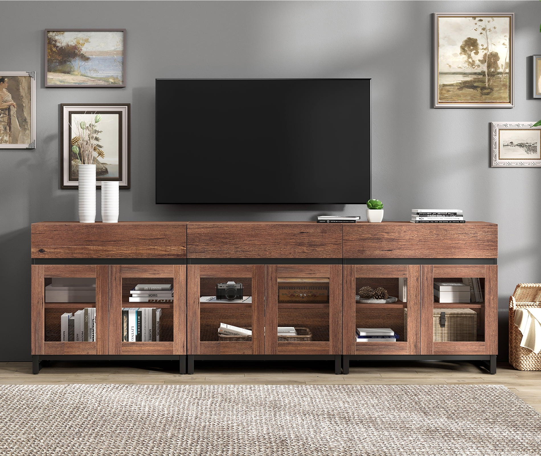 WAMPAT 3-in-1 Modern TV Stand with Glass Doors & 3 Drawers, Metal Base Entertainment Center for 110 Inch TVs, Media Console for Living Room & Bedroom