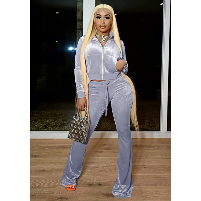 Women Casual 2 Piece Outfit Tracksuits High Waist Flared Pant Workout Sets  with Pockets 