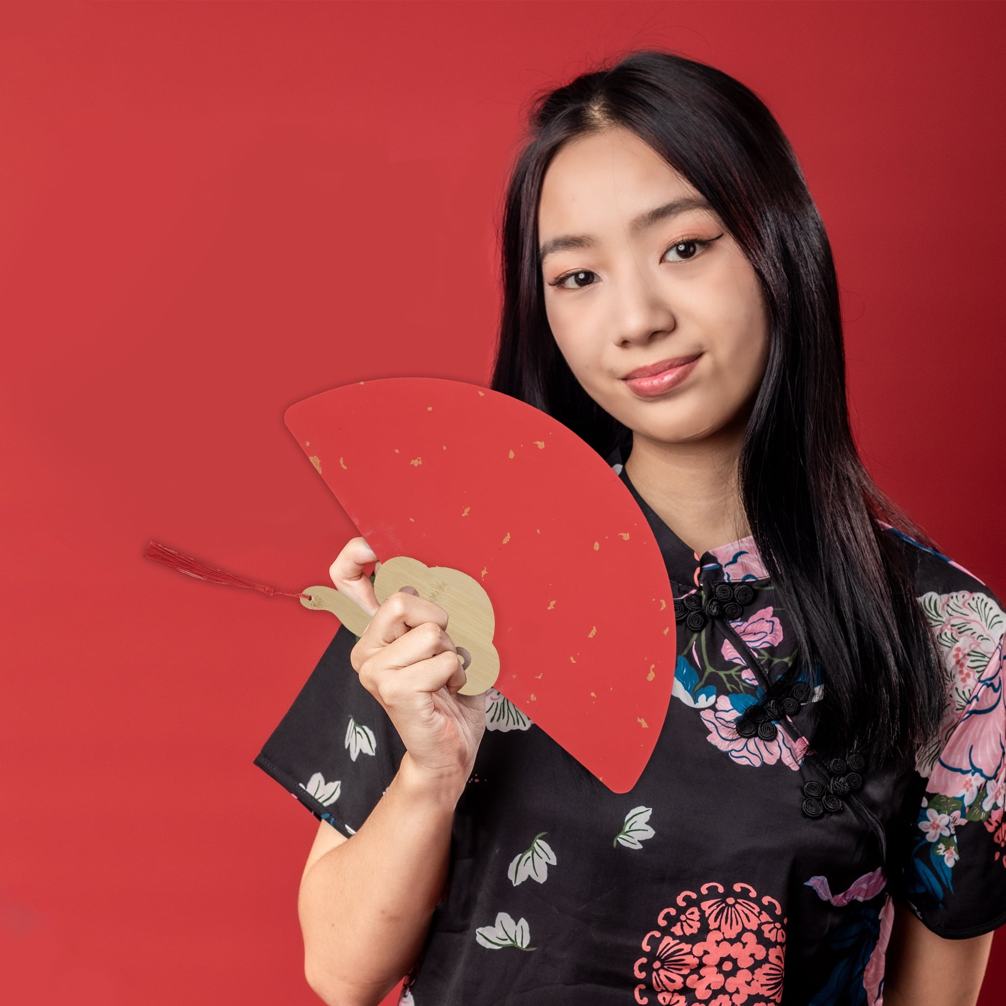 Unique Bargains Folding Fan Red Short Handle Round-Shaped