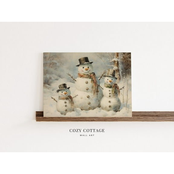 Velto Snowman Family Canvas Wall Art Vintage Style Cozy Winter Cottage Holiday Inspired Decorative Artwork, SIZE 8x10 INCLUDE Pine Wood Frame 1.25-Inch