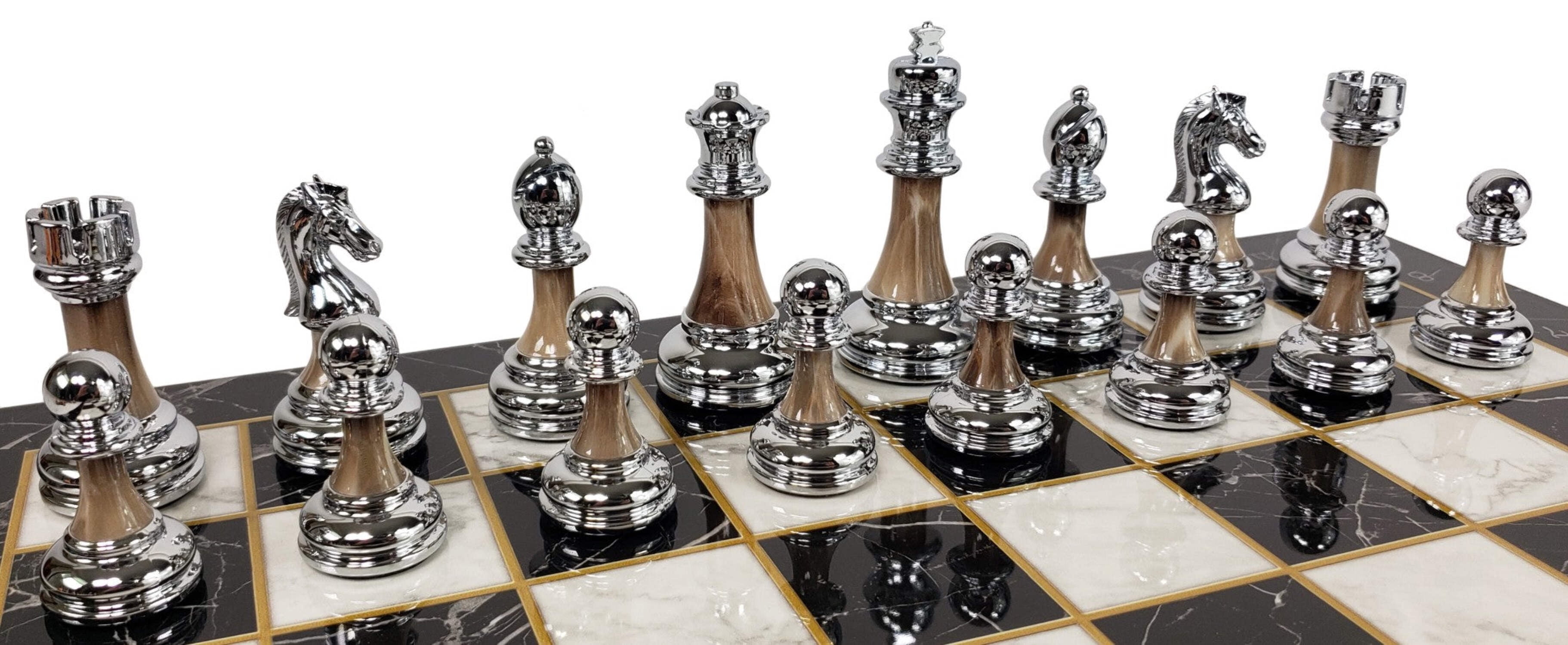 Staunton Chrome  Black Pro Plastic Chess Men Set W 17" Black Faux Marble Board