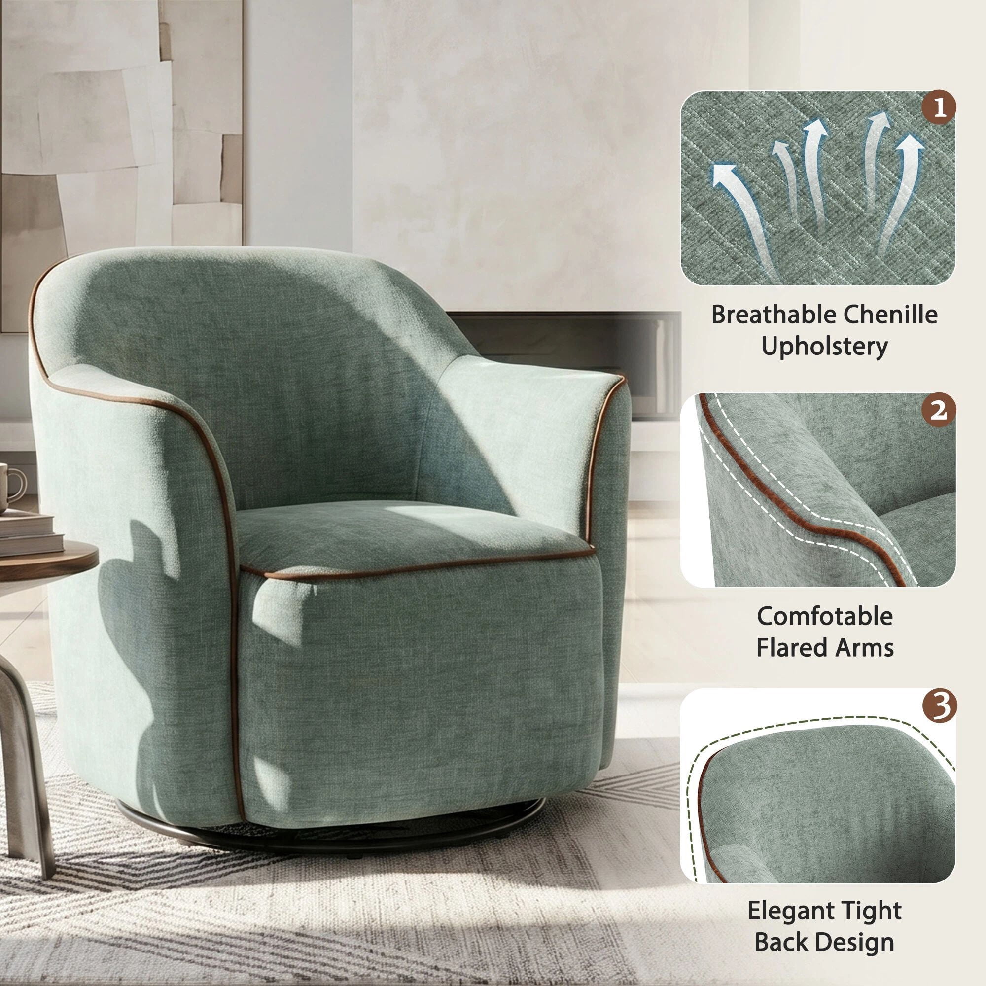 Euroco 360° Swivel Accent Chair, Chenille Upholstered Barrel Chair with Flared Arms, Modern Reading Armchair for Living Room, Bedroom and Office,Green