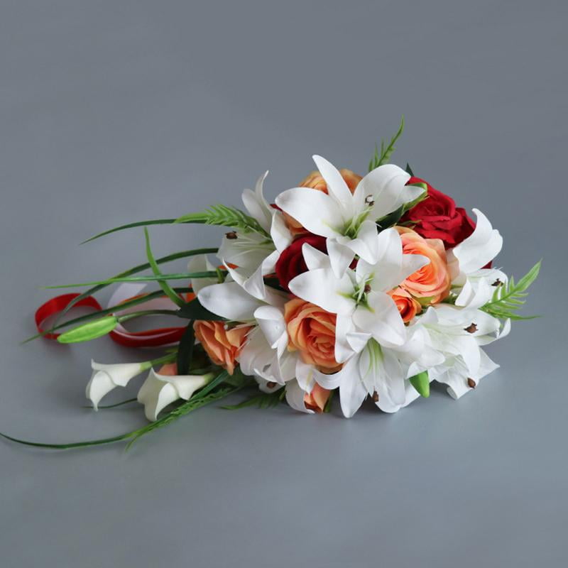 Zeiwohndc Artificial Lily Cascading Bridal Bouquet with Green Leaves Satin Ribbon Handle Water Drop Style Waterfalls Rose Wedding Holding Flower Party Photo Props