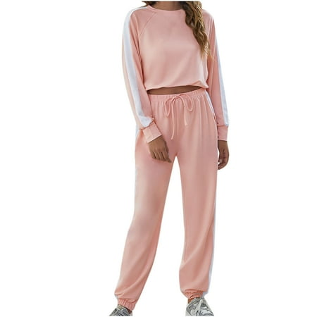 

CYMMPU Long Sleeve Round Neck Blouses Shirts Sets Women s Long Elastic Waist Long Pants Pajamas Sets Sleeve Sports Tops Set Pink XL