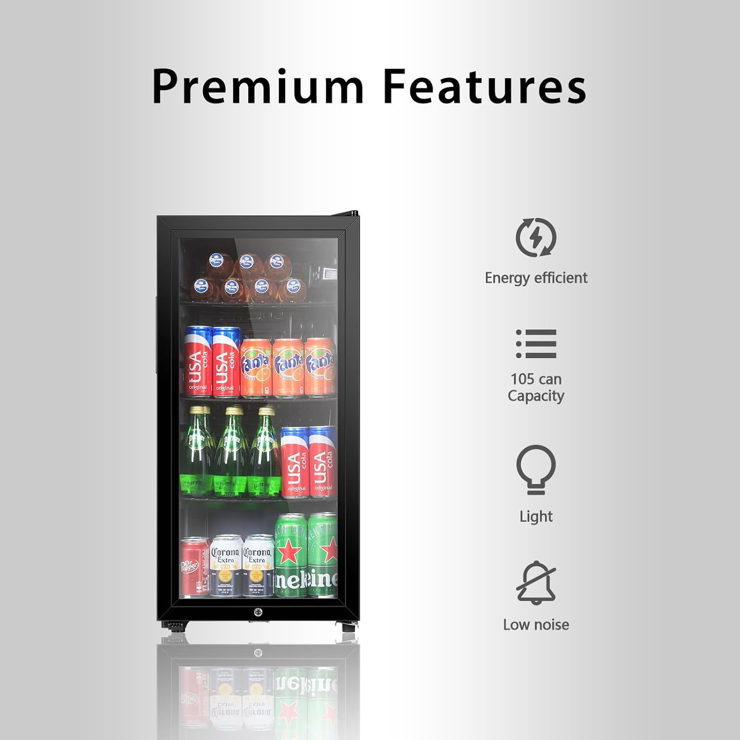 HUMSURE 105-Can Beverage Refrigerator, Glass Door & Shelves, Dorm & Office Cooler, Black