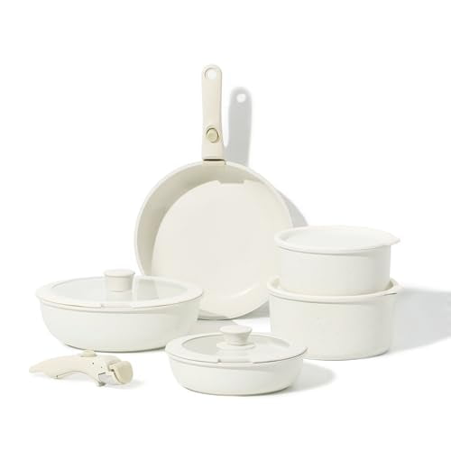 Juego de ollas y sartenes CAROTE 11 piezas Utensilios de Cocina Antiadherentes Mango Desmontable Blanco Crema