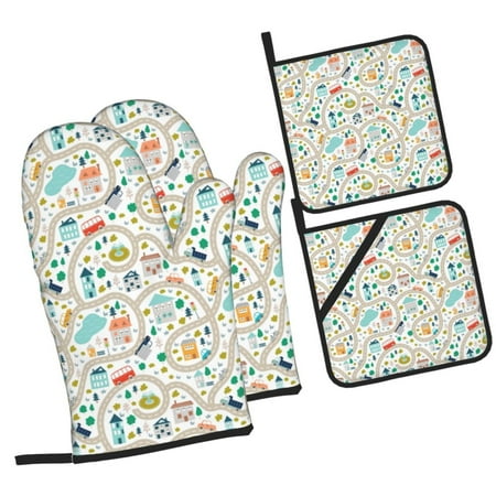 

Pofeuu Hand Drawn Cars Trucks Buses And Roads Print Oven Mitts and Pot Holders 4 pcs Set High Heat Resistant 500 Degree Extra Thicken Long Kitchen Cotton Oven Glove for Cooking