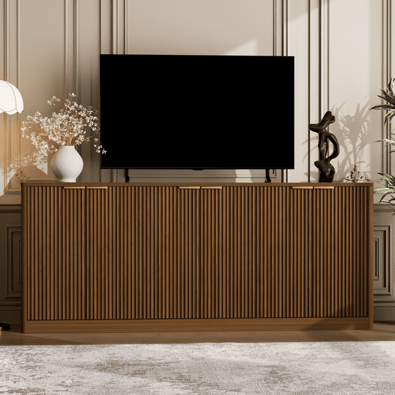 PORKISS Modern TV Cabinet for 75" TV, Wood Media Console Cabinet with Storage, Fluted Entertainment Center for Living Room, Walnut