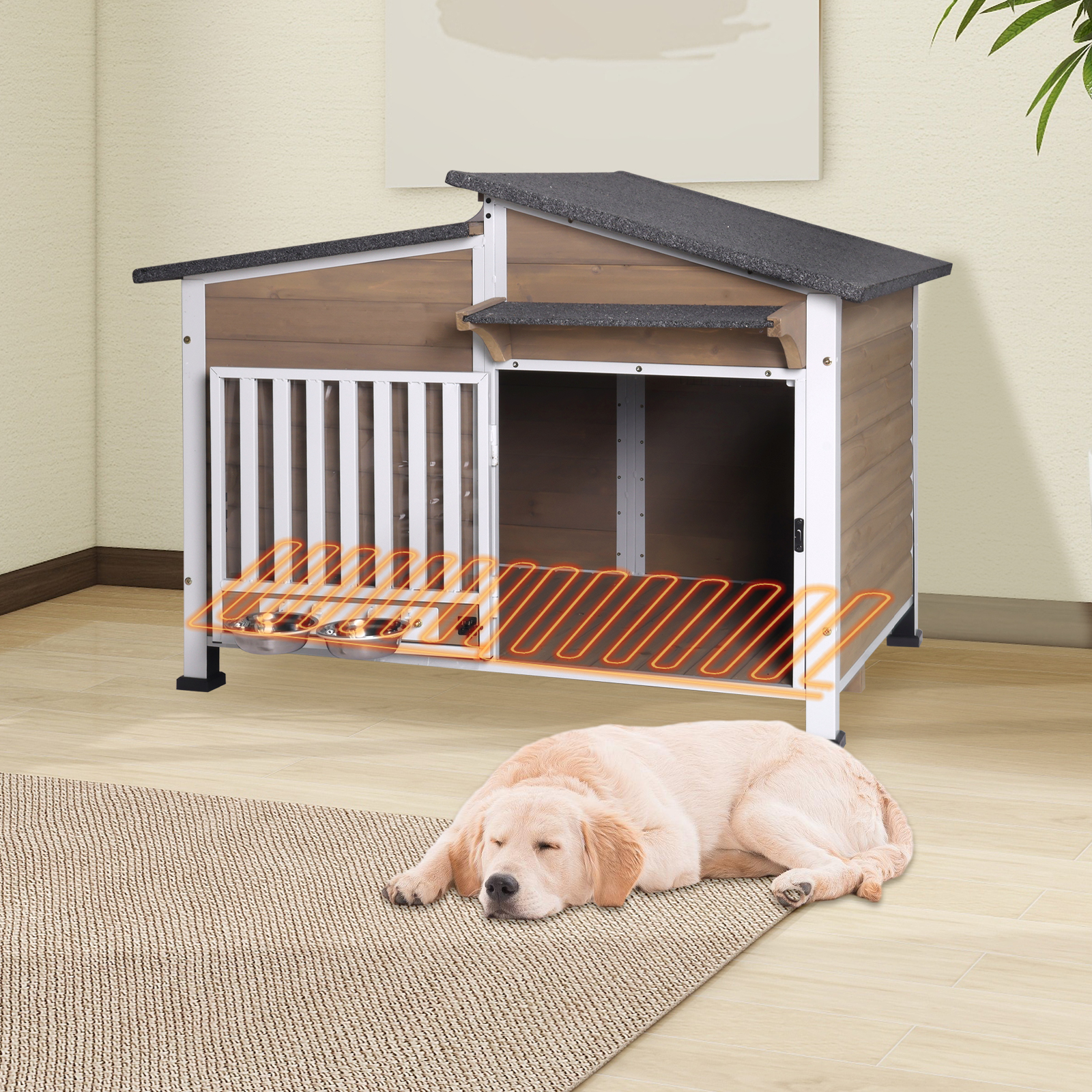 Aivituvin Heated Dog House with Heating Pad & Anti-Chewing Metal Frame, Insulated Wooden Dog Kennel with Unique Design Roof, Weatherproof Dog House for Indoor & Outdoor Use, Dark Brown