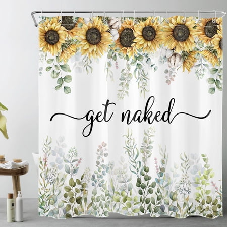 Get Naked Yellow Sunflower Shower Curtain for Bathroom,Green Eucalyptus Leaf and Rustic Botanical Wildflower Fabric Shower Curtain with Hooks,Spring Farmhouse Bathroom Curtains Shower Set,72x78 inches