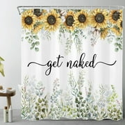 Get Naked Yellow Sunflower Shower Curtain for Bathroom,Green Eucalyptus Leaf and Rustic Botanical Wildflower Fabric Shower Curtain with Hooks,Spring Farmhouse Bathroom Curtains Shower Set,69x70 inches