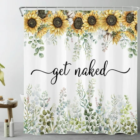 Get Naked Yellow Sunflower Shower Curtain for Bathroom,Green Eucalyptus Leaf and Rustic Botanical Wildflower Fabric Shower Curtain with Hooks,Spring Farmhouse Bathroom Curtains Shower Set,69x70 inches