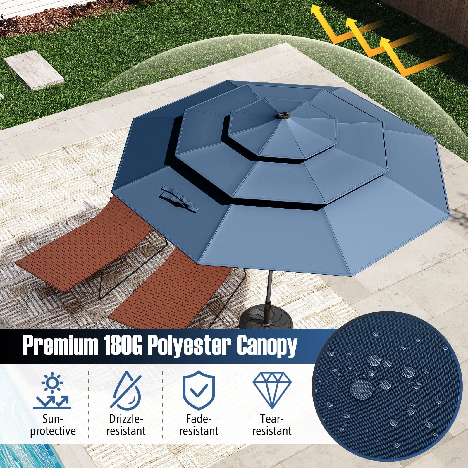Gymax 10 FT Solar Patio Umbrella w/ 32 LED Lights 3-Tier Vented Top Tilt Adjustment Navy