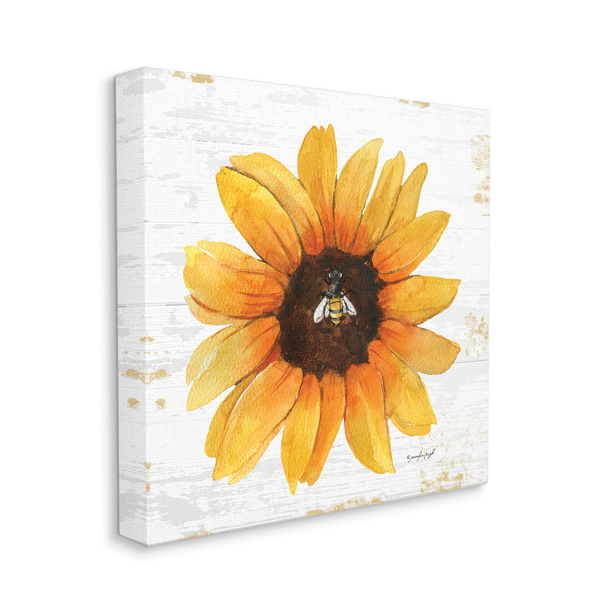 Stupell Industries Rustic Sunflower Petals Lone Bumble Bee Flower Design Graphic Art Gallery Wrapped Canvas Print Wall Art, Design by Jennifer Pugh