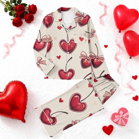EchfiProm Pajamas for Women Set Long Sleeve and Pants Valentines Pink Love Heart Loungewear Soft Young Womens 2 Piece Pjs