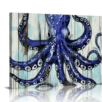 Pankila Blue Octopus Canvas Wall Art - 24x36 Inch Framed Watercolor Painting, Ocean Theme Decor For Bathroom, Living Room