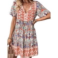 thumbnail image 2 of Women'S V Neck Patchwork Dress Bohemian Print Mini Skirt Summer Casual Beach Chic Orange M, 2 of 7